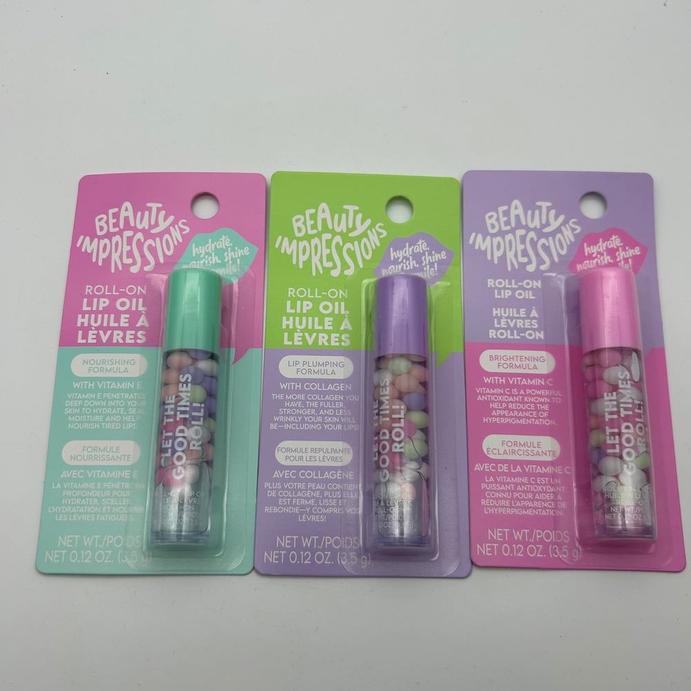 Beauty Impressions‎ Roll-On Lip Oil 3 Pack Vitamin E Collagen Vitamin C Set NEW